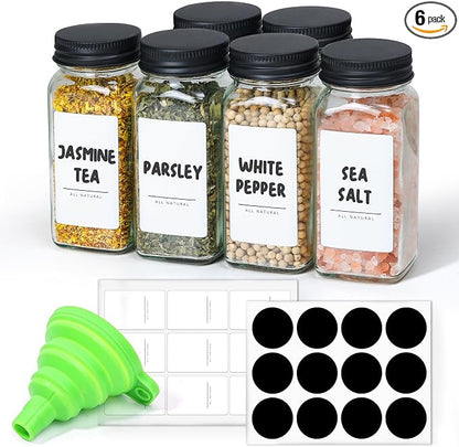 ComSaf Glass Spice Jars with with Labels 4 oz 6 Pack Small Square | Empty by ComSaf