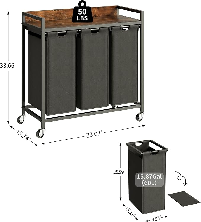 Laundry Hamper with Shelf, Laundry Basket 3 Section, Laundry Sorter with - Image 4