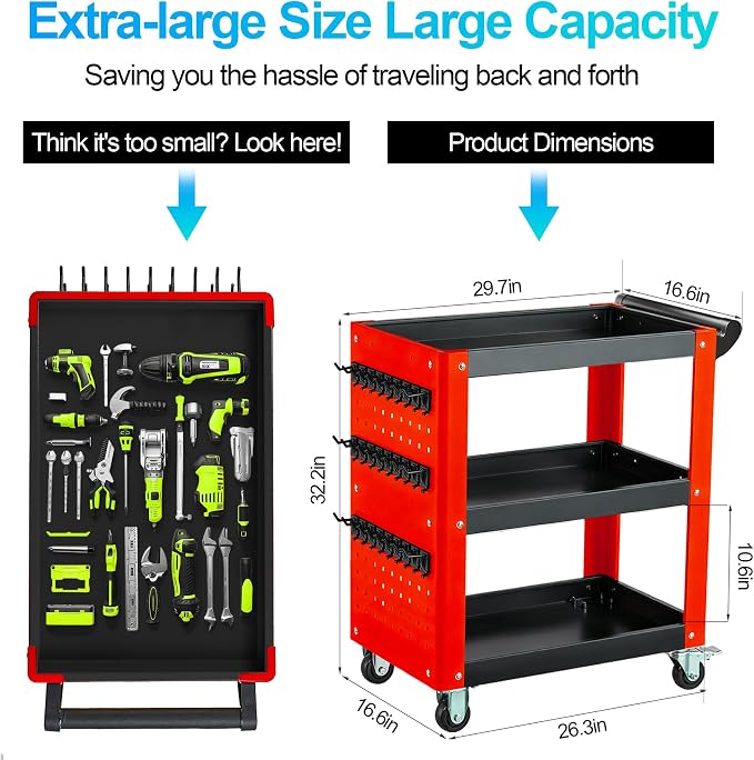 3-Tier Rolling Tool Cart with Pegboard, Heavy Duty Mechanic Utility Cart - Image 4