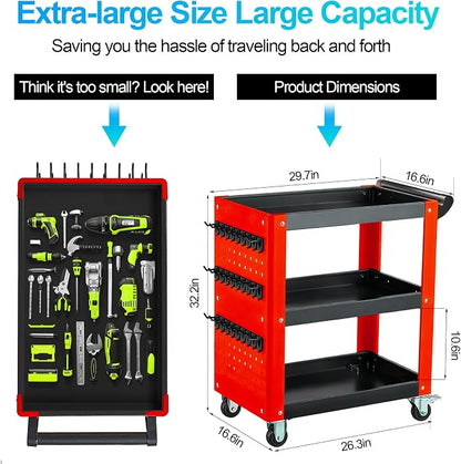 3-Tier Rolling Tool Cart with Pegboard, Heavy Duty Mechanic Utility Cart - Image 4