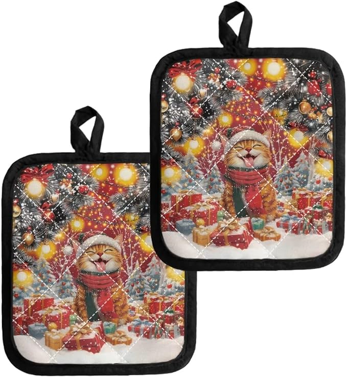4 Pcs Christmas Brown Cat Lights Pattern Red Pot Rack Holder Set by Jndtueit
