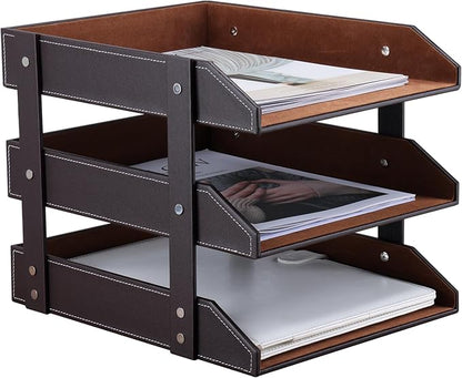KINGFOM Letter Tray, Leather Paper Organizer Tray, Wooden Desk File Holder by KingfomLeatherHomeOfficeDecor