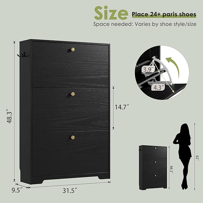 Nicetree Shoe Cabinet with 3 Flip Drawers, Narrow Shoe Organizer Cabinet - Image 2