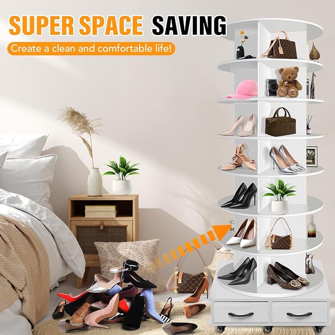 8 Tier Rotating Shoe Rack Tower contains 2 drawers, Spinning Shoe Rack Display - Image 6