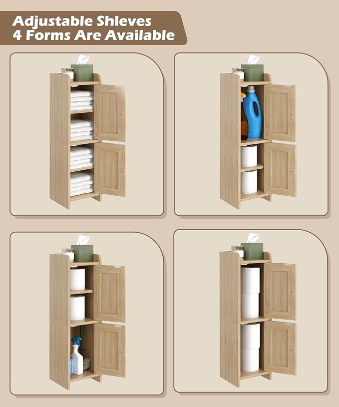 Akxomel Rattan Small Bathroom Cabinet Narrow Toilet Paper Organizer Oak | - Image 6