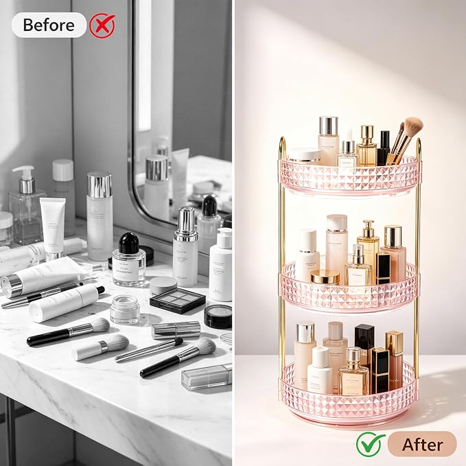 Fangoo 3 Tiers Pink Rotating Makeup Organizer - Image 6