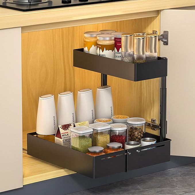 Under Sink Organiser, 2 Tier Pull Out Cabinet Organiser, Height Adjustable Out - Image 3