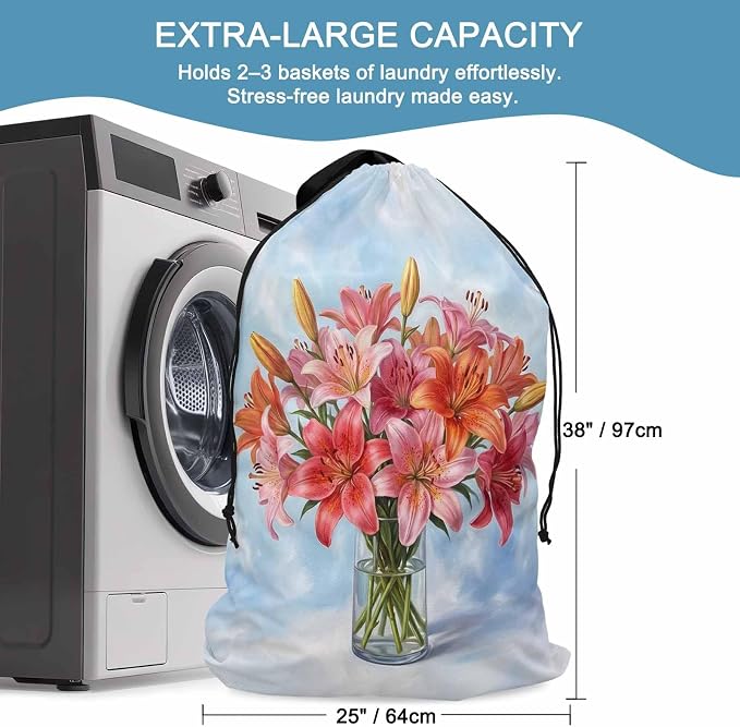 Floral XL Laundry Bag Lilies Flower in Bottle Spring Summer Machine Washable - Image 5