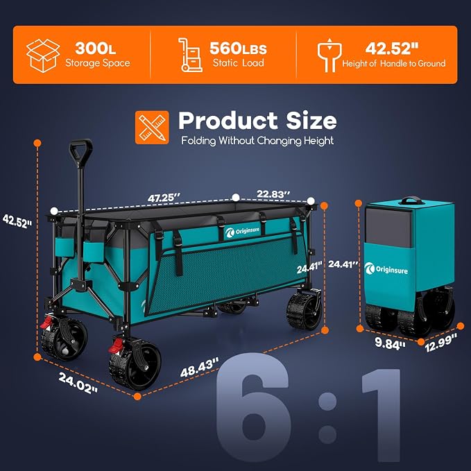 48" L Collapsible Beach Wagon Cart Foldable, 560LB Weight Capacity 300L Heavy - Image 2