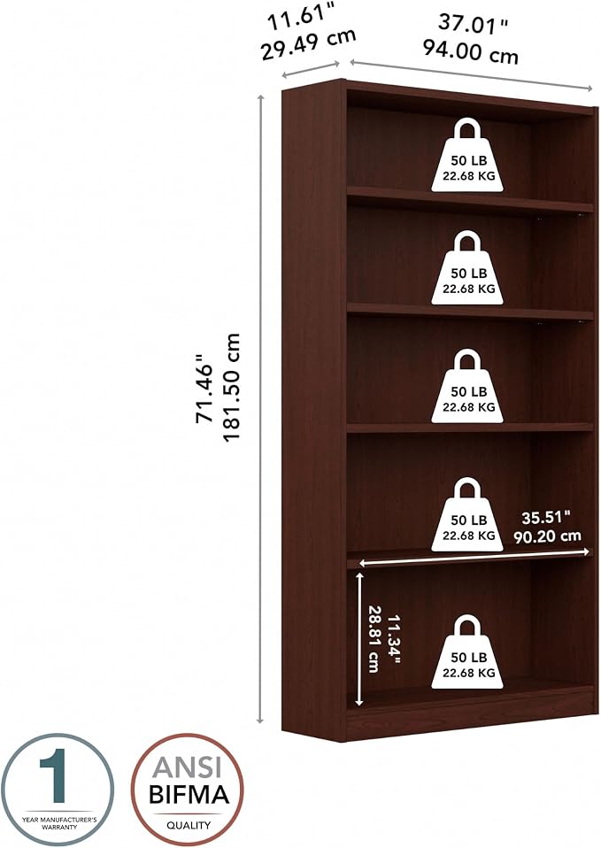 Bush Furniture Universal Tall 5 Shelf Bookcase in Vogue Cherry, Vertical - Image 3