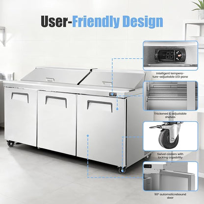 72" W Commercial Refrigerator Sandwich Salad Prep Table, Stainless Steel 3-Door - Image 2