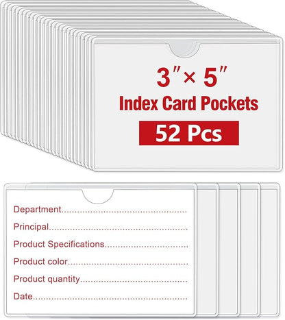 52 Pack Self-Adhesive Index Card Pockets, Top Load, 3 x 5 Inch | Clear PVC by BESARME