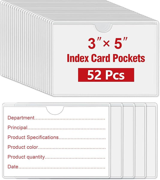52 Pack Self-Adhesive Index Card Pockets, Top Load, 3 x 5 Inch | Clear PVC by BESARME