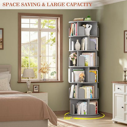 Aheaplus 6 Tier Rotating Bookshelf, Wood Spinning Bookshelf Tower, Round - Image 5