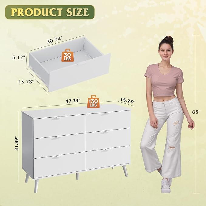 WLIVE 6 Drawer Dresser for Bedroom, 47.24'' Wide Wooden White Dresser, Storage - Image 3