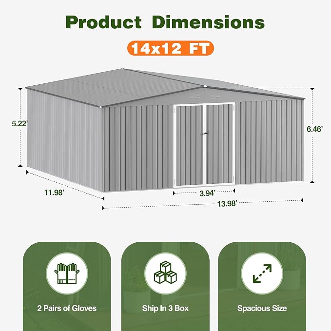 14 x 12 FT Outdoor Storage Shed, Heavy-Duty Galvanized Steel Tool Shed - Image 2