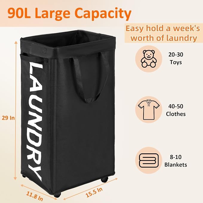 Optish Laundry Basket with Wheels, 90L Rolling Laundry Hamper with Wheels - Image 3