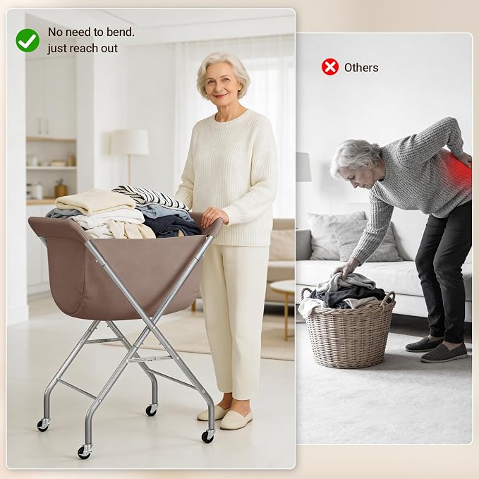 ELYKEN Laundry Basket with Wheels, Collapsible Laundry Hamper, Camel Brown | - Image 8