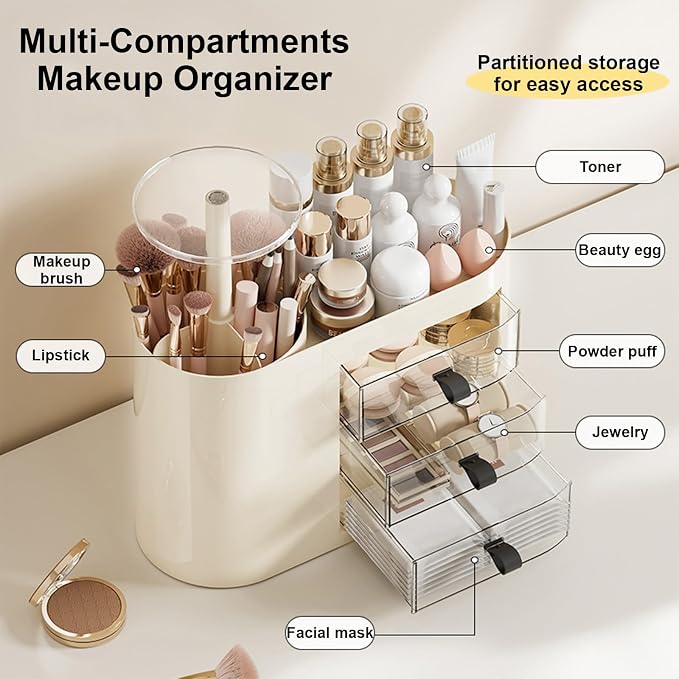 DASITON Makeup Organizer with 3 Drawers, Automatic Lifting Makeup Brush Holder - Image 2