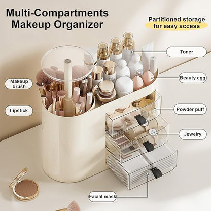 DASITON Makeup Organizer with 3 Drawers, Automatic Lifting Makeup Brush Holder - Image 2