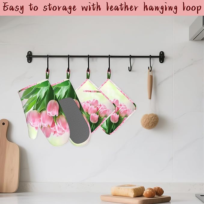 Pink Tulips Romantic Silicone Oven Mitts and Pot Holders, Heat-Resistant 4 - Image 5