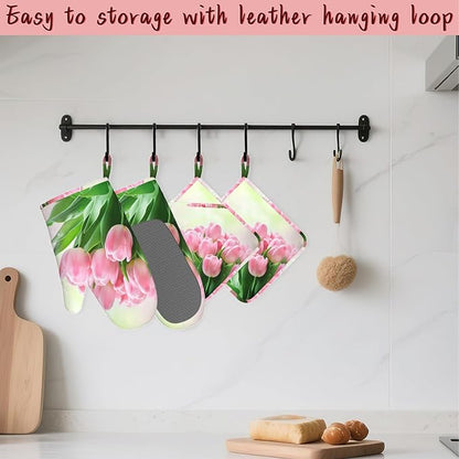 Pink Tulips Romantic Silicone Oven Mitts and Pot Holders, Heat-Resistant 4 - Image 5