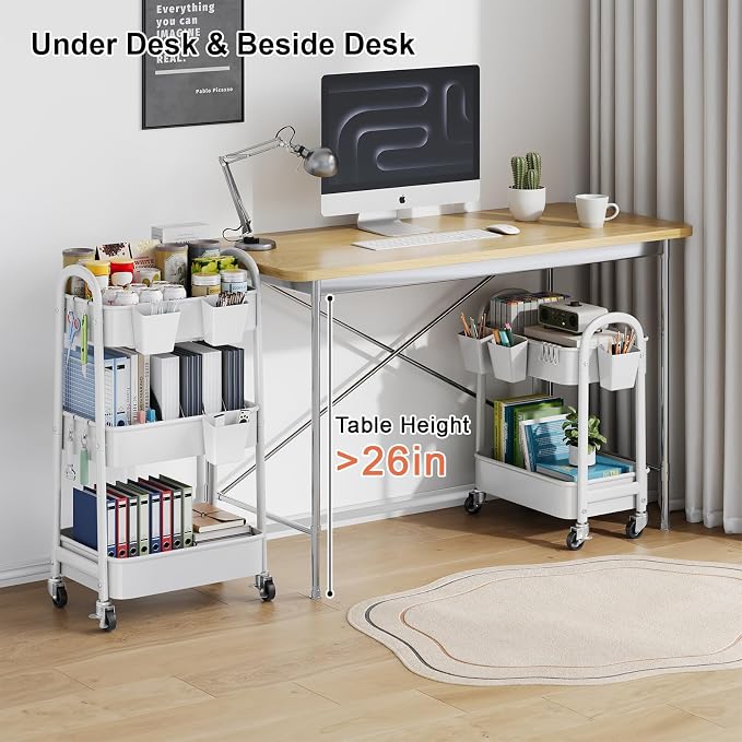 2 Tier Rolling Cart Metal with Wheels, Two Tiered Short Shelf Trolley, Small - Image 4