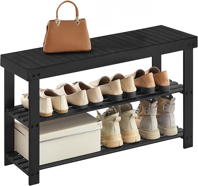 SONGMICS Shoe Rack Bench, 3-Tier Bamboo Shoe Storage Organizer, Entryway Bench by Unknown