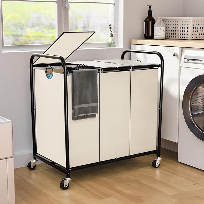 180L Laundry Sorter 3 Section, Rolling Laundry Basket by OLLDIDE