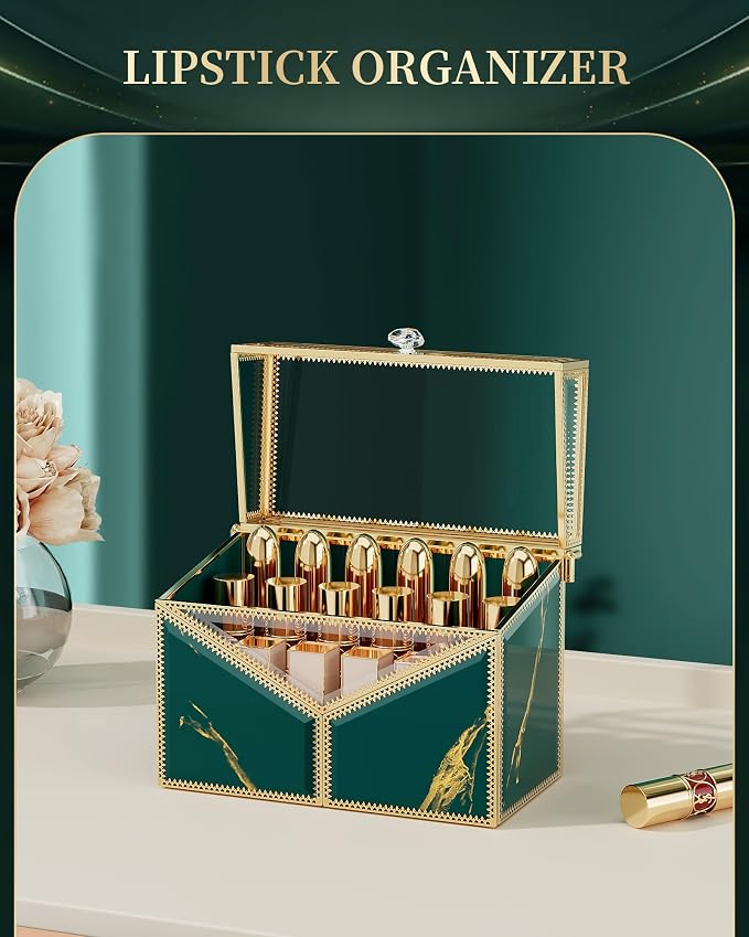 Glass Lipstick Organizer, 18-Slot Green Vanity Makeup Holder - Image 5