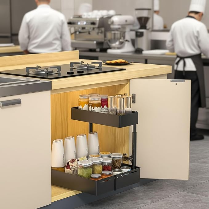 Under Sink Organiser, 2 Tier Pull Out Cabinet Organiser, Height Adjustable Out - Image 4