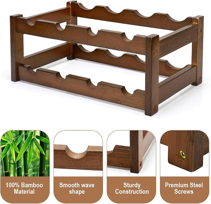 Bamboo Wine Rack, 2-Tier 8 Bottles Wine Storage Cabinet Shelf, Easy-Assembly - Image 6