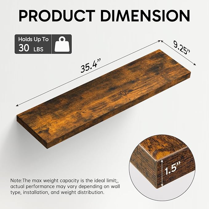 BAYKA Floating Shelves, 35.4 inches Long Wall Mounted Rustic Wood Shelves - Image 3
