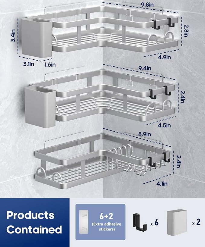 3 Pack Corner Shower Caddy Organizer, Rustproof Corner Shower Shelves, No - Image 7