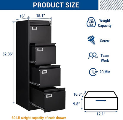 File Cabinet - 4 Drawers Vertical 17.8" Deep Lockable Filing Cabinet Black - Image 3