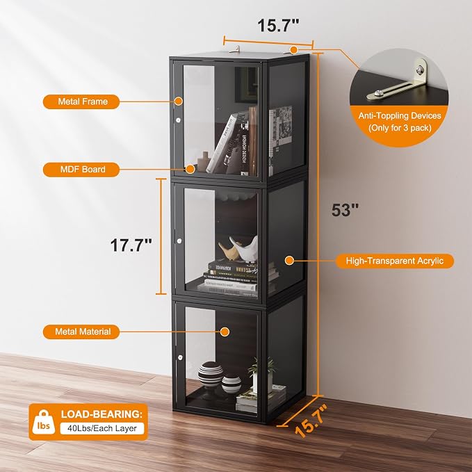 NAIZEA Display Case w/Lock, 17.7"x15.7"x15.7" LED Dustproof Show Case - Image 3