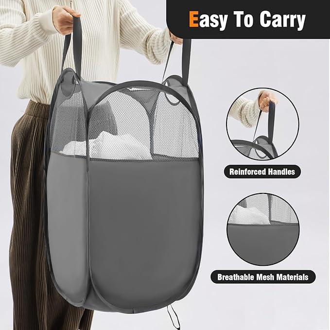 TECHMILLY Pop Up Foldable Laundry Basket, Mesh Laundry Hamper - Image 3