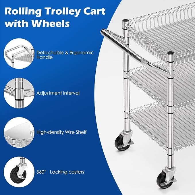 NTE Utility Cart with Wheels, 990lbs Capacity Metal 3 Tier Rolling Carts - Image 5
