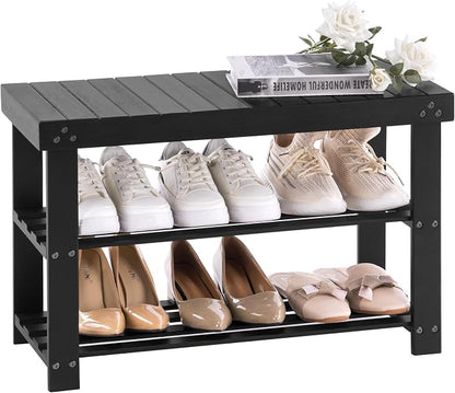 Apicizon Bamboo Shoe Rack for Entryway, 3-Tier Shoe Rack Bench for Front Door by APICIZON