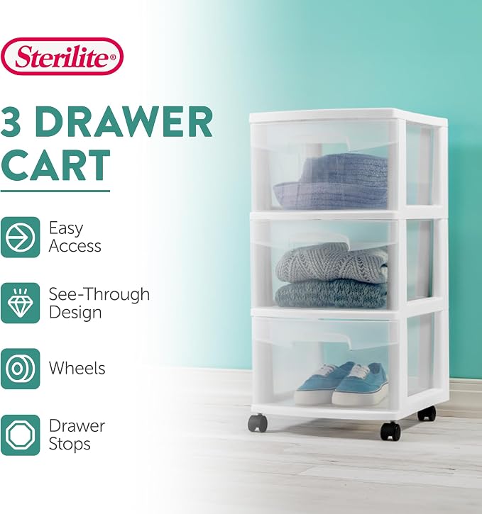 Sterilite 4 Pack Plastic Storage Organizer, 3 Drawer Rolling Bin Cart, Closet - Image 4
