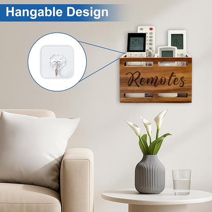 Hilislog Acacia Wood Remote Control Holder Wall Mount Wooden Caddy TV Remote - Image 5