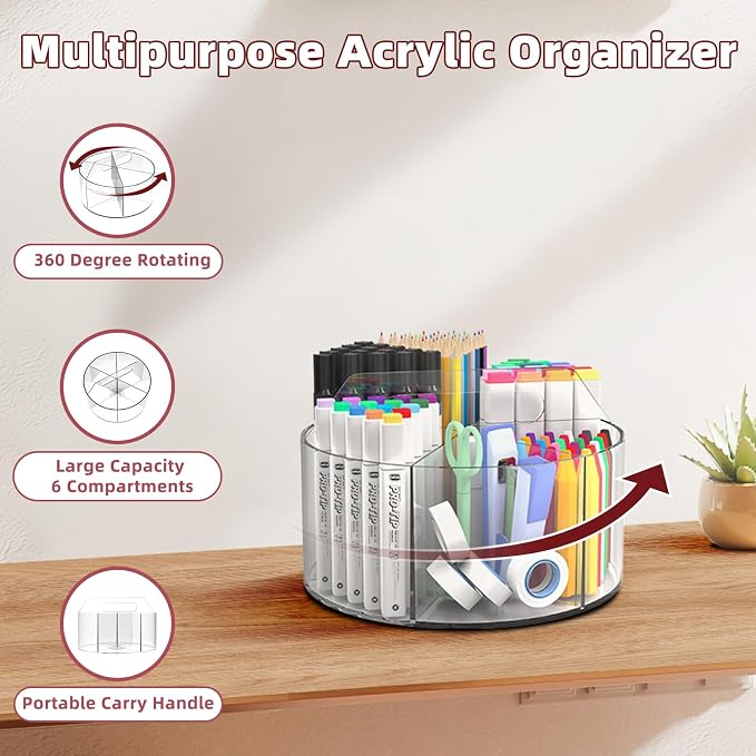Absonic Acrylic Pen Holder Pencil Organizer, 360-Degree Rotating Pencil Holder - Image 2