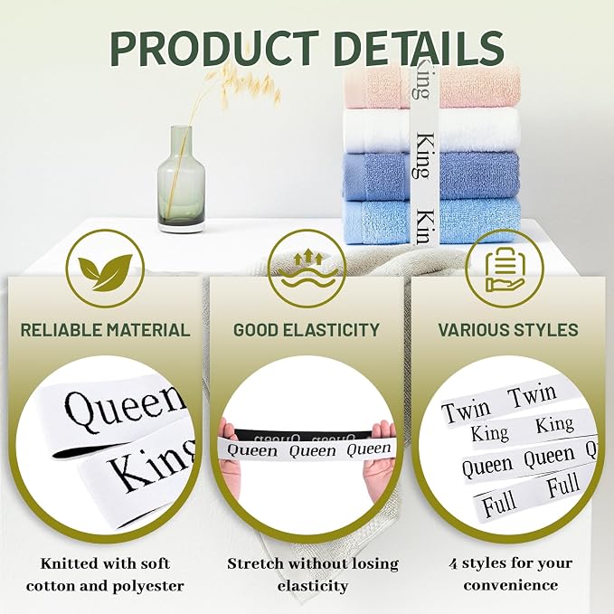 4 Pieces Bed Sheet Organizer and Storage Size Label Bands, Elastic Linen Labels - Image 3