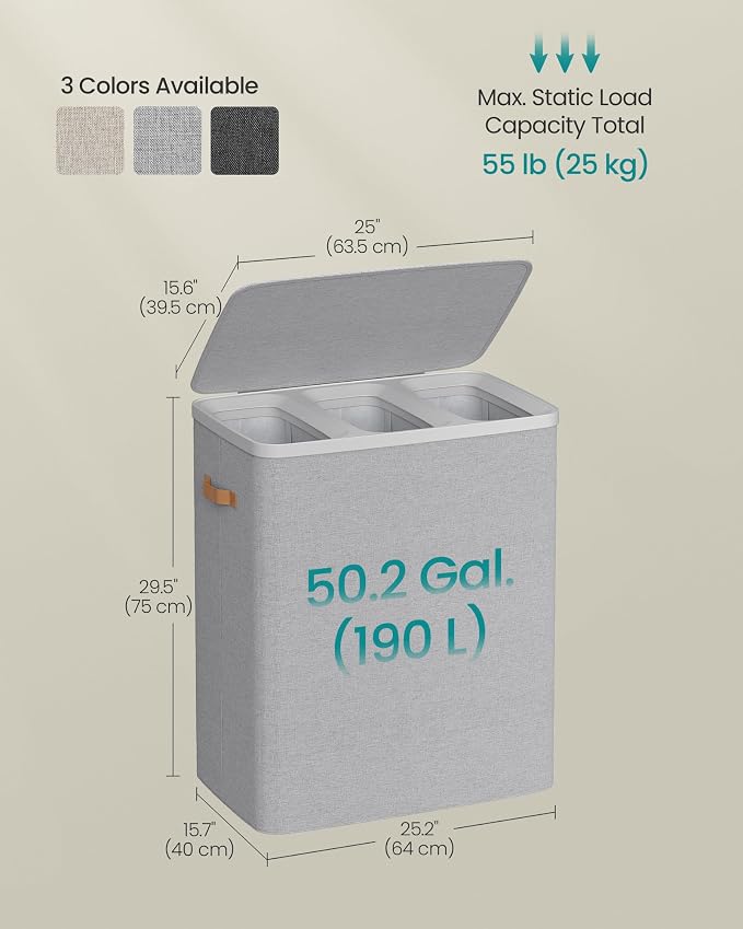 SONGMICS Laundry Basket, 50.2 Gal. Laundry Hamper, 3 Compartments, Easy Assembly - Image 6