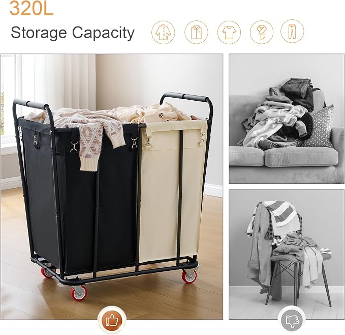 Hoctieon 2 Section Laundry Sorter Cart, 400L Rolling Hamper - Image 4
