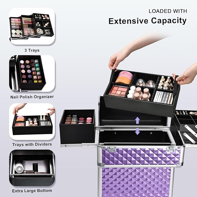Stagiant Rolling Makeup Train Case Large Storage Cosmetic Trolley 4 Tray - Image 3
