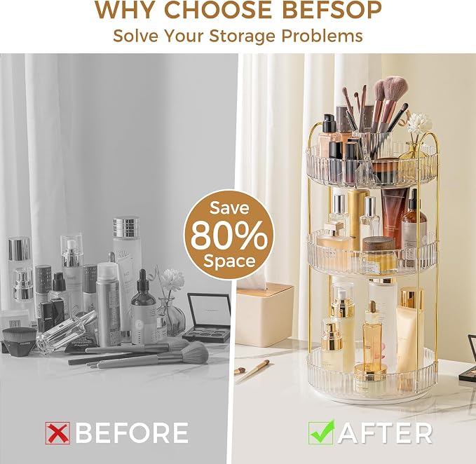 360° Rotating Makeup Organizer, Upgraded 3 Tier Skincare Perfume Organizers - Image 3