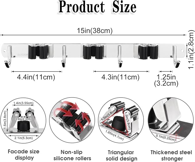 3 Racks and 4 Hooks Broom and Mop Holder Wall Mounted Garage Organizer Storage - Image 3