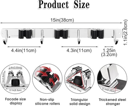3 Racks and 4 Hooks Broom and Mop Holder Wall Mounted Garage Organizer Storage - Image 3