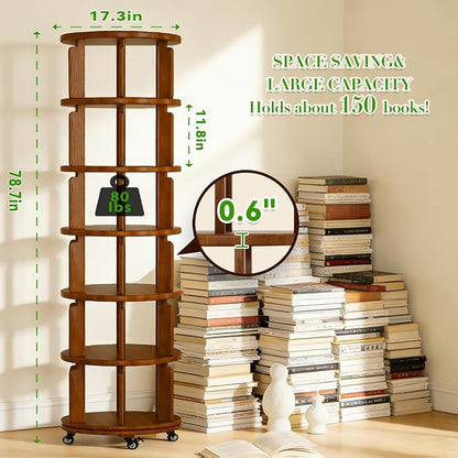 6 Tier 360° Rotating Solid Wood Bookshelf - Image 2
